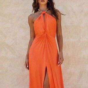 Orange Halter Dress with Gold Neck